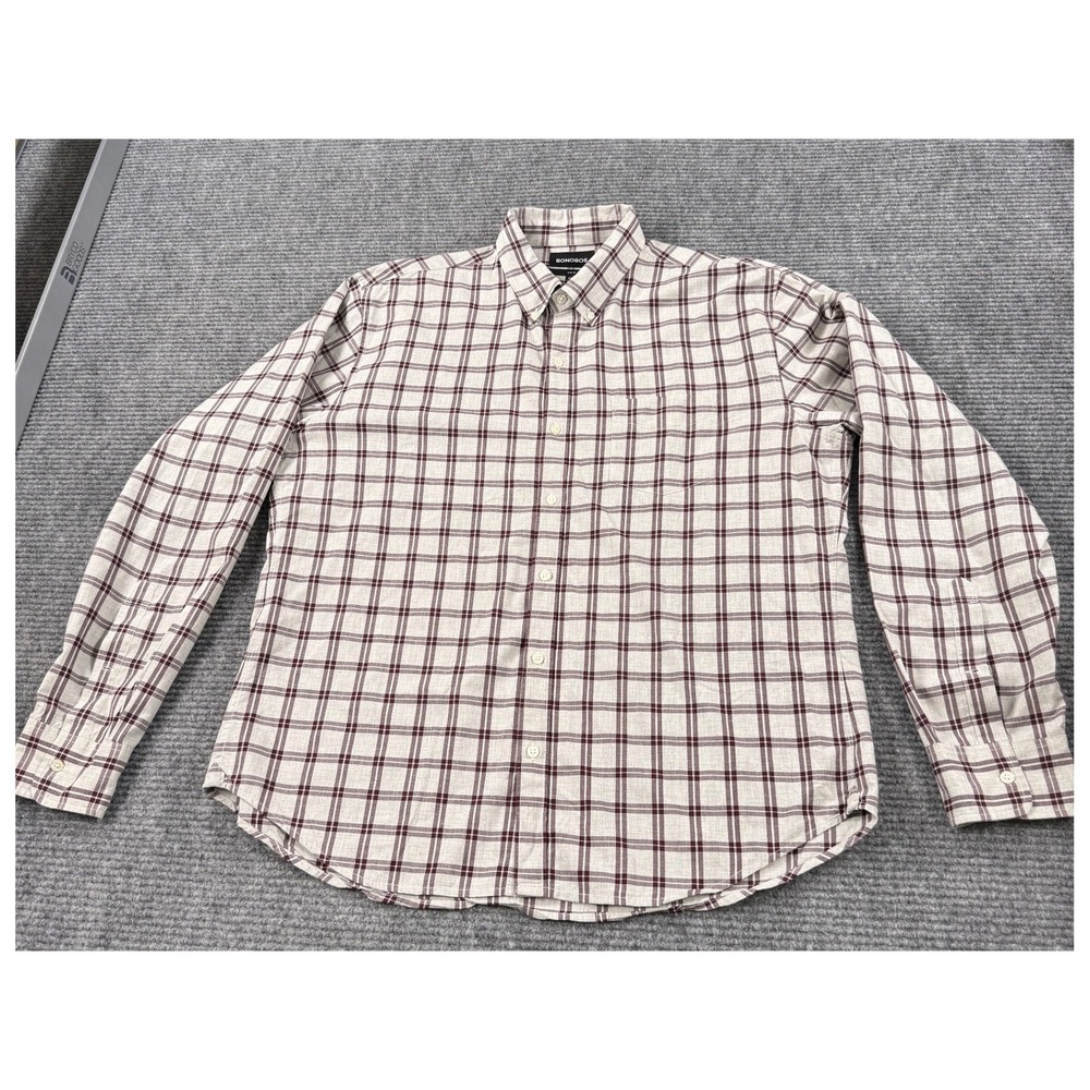 Bonobos Button Down Shirt Mens XXL Cream Burgundy EUC Slim Fit Plaid